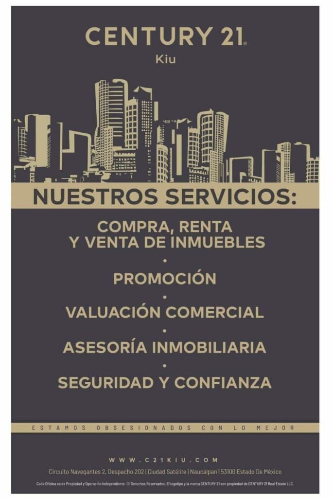 "Diseño gráfico de Century 21 KIU mostrando sus servicios de compra, renta y venta de inmuebles en Atizapán, Estado de México."
